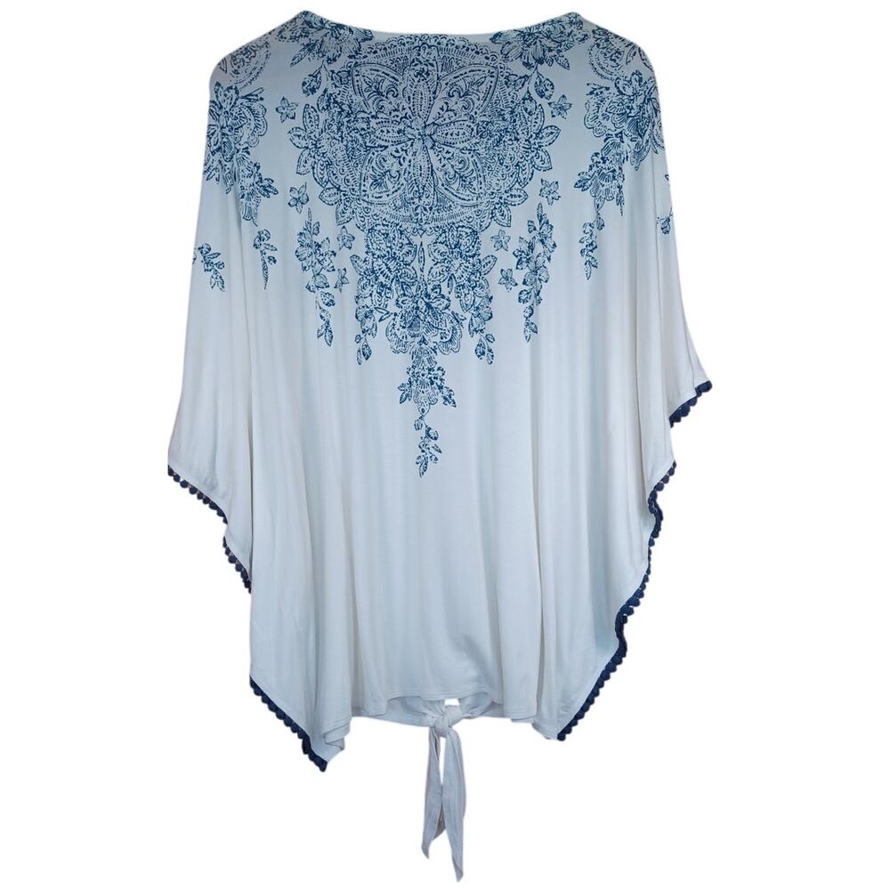 Christopher & Banks White Blue Embellished Boho Poncho Tie Front Top XL - Picture 3 of 10